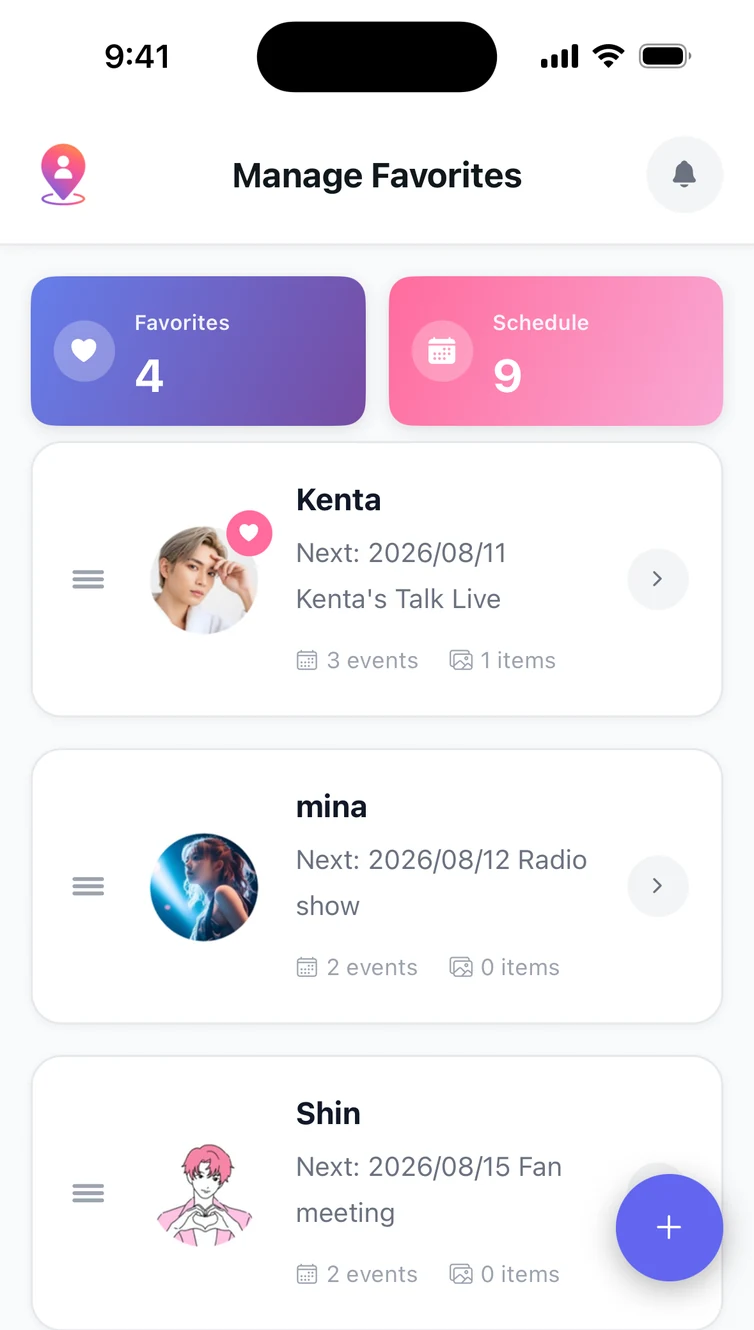 OshiVista list screen: cards for each registered fave with profile photos, event counts and the next scheduled event.