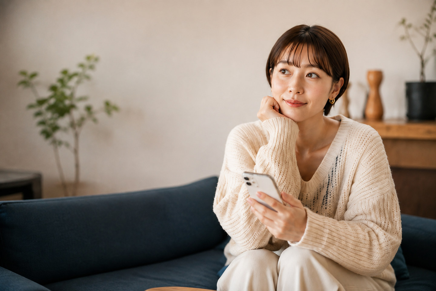 ソファでスマートフォンを手に微笑む女性