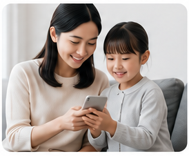 リビングで親子がいっしょに Novus AI を使っている様子